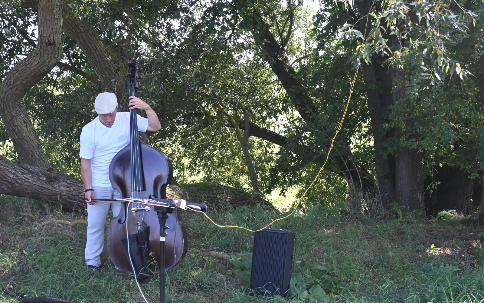 Kurt Holzkämper wird beim Kontrabassspielen zu den Geräuschen der Mikrofonierung gezeigt.