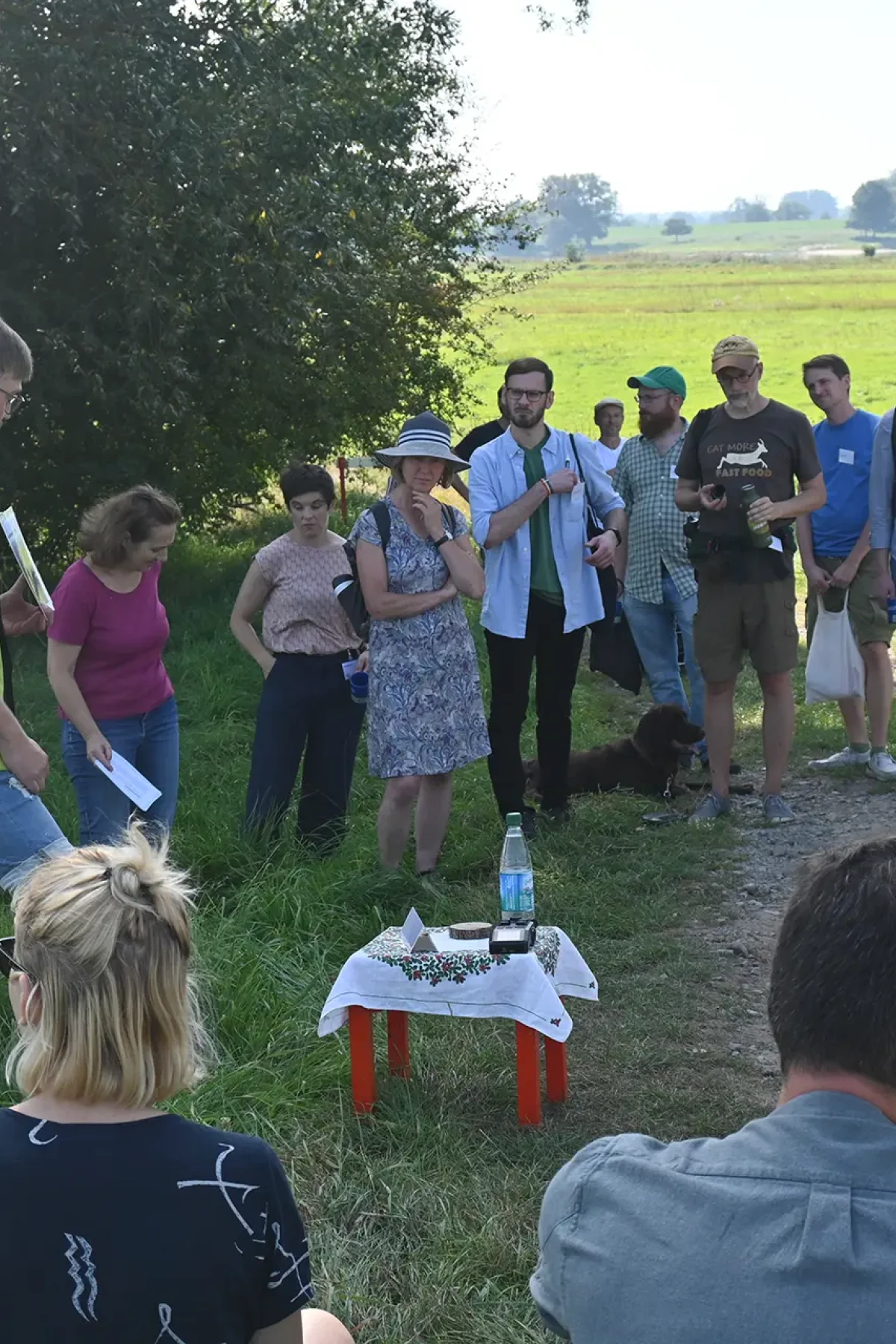 Bildergalerie vom Workshop Dialogforum. Die Teilnehmenden wandern durch das Biosphärenreservat, halten Kurzvorträge und hören der Mikrofonierung zu.